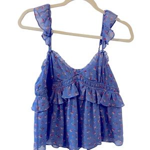 Joie Silk Blue Floral Ruffle Babydoll Camisole